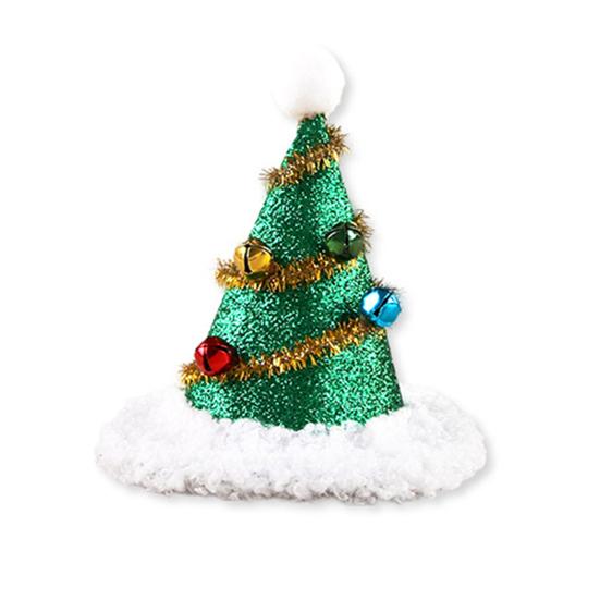 Рождественская шапка для питомца Шапка-елка с помпоном и колокольчиками Кошки Блестящая шапка Санта-Клауса с регулируемым ремешком для кошек собак Праздничные вечеринки Наряд