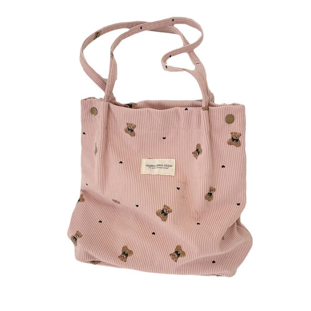 Adorable Corduroy Bear Print Canvas Tote Bag Spacious Soft Shoulder Bag For Students