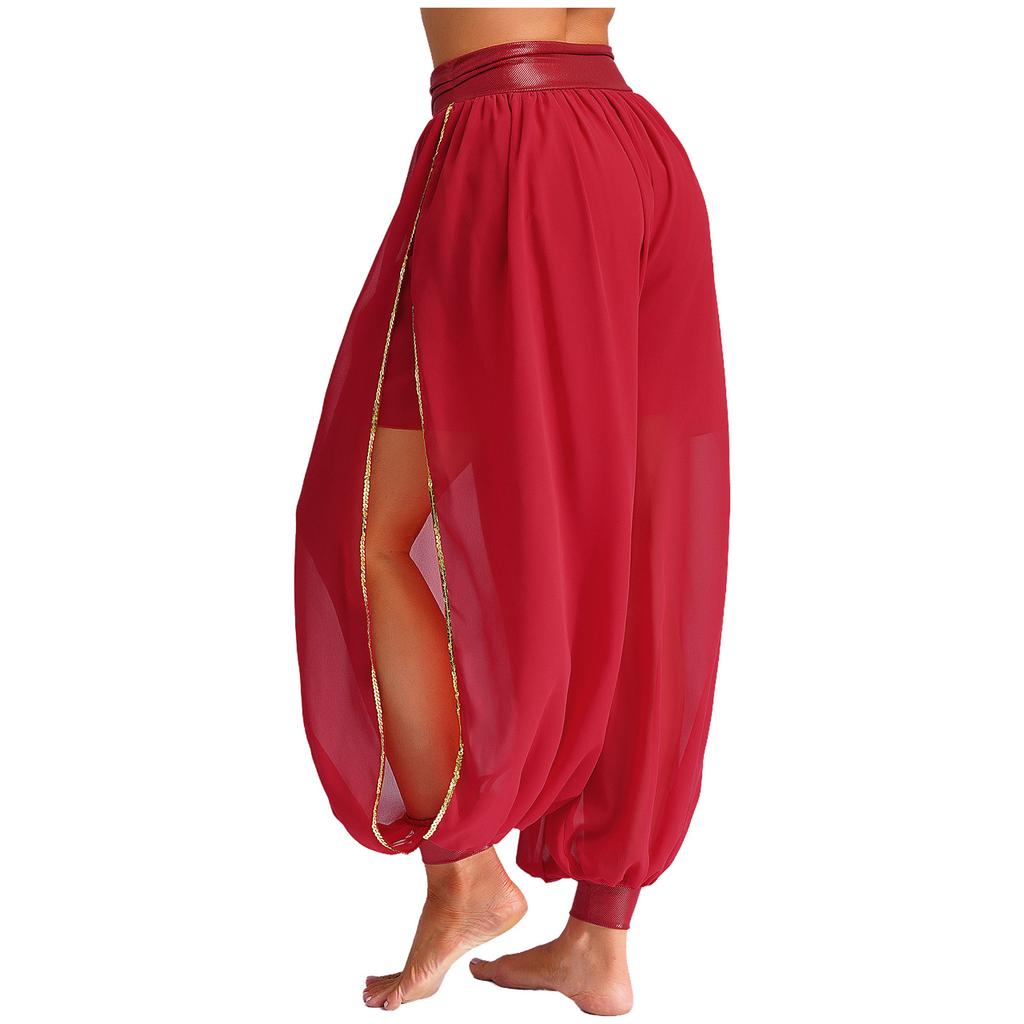 Womens Belly Dance Bloomers Halloween Theme Party Carnival Costume Ruched Waistband Side Split Pants