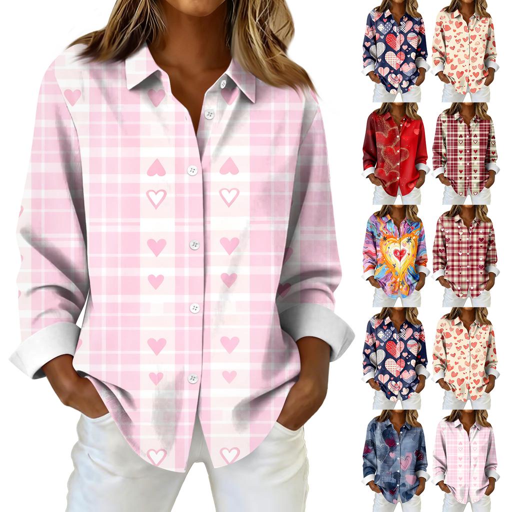 Женская рубашка-блузка с рождественским принтом и пуговицами, длинный рукав, повседневный базовый рубашечный воротник, обычный топ