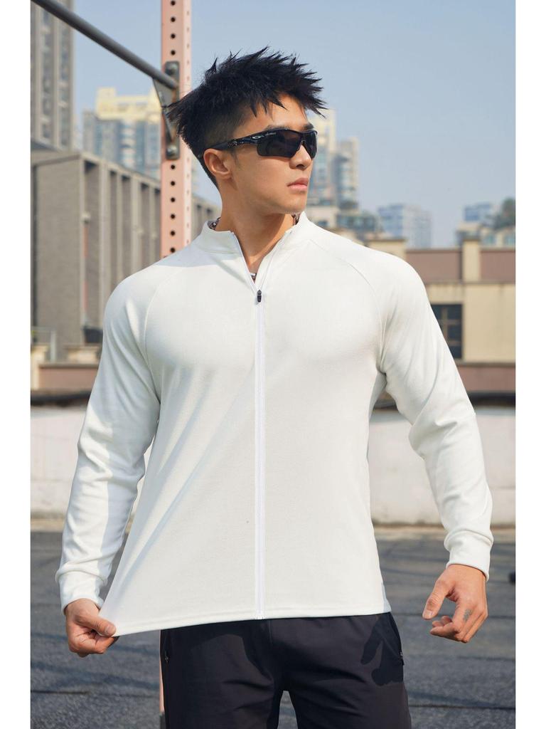 Мужская повседневная велюровая футболка с длинным рукавом для тренировки мышц - эластичный воротник-стойка на молнии