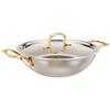 Трехслойный кадай из нержавеющей стали 24 см с крышкой из нержавеющей стали и ручками с PVD-покрытием (Цвет золота и розового золота)