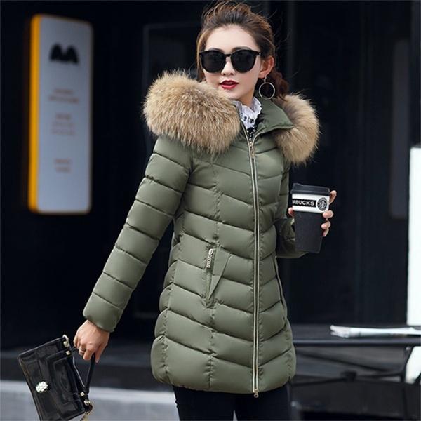 Women's Cotton Coat Long Section Slim Cotton Jacket Large Fur Collar Down Cotton Coat