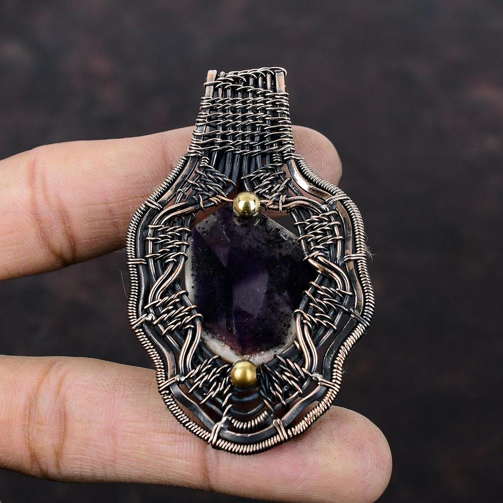 Кулон Super 23 Amethyst, обернутый медной проволокой, дизайнерское ювелирное украшение, подвеска с драгоценным камнем, изумительное медное ювелирное украшение, подвеска ручной работы, подарок для него