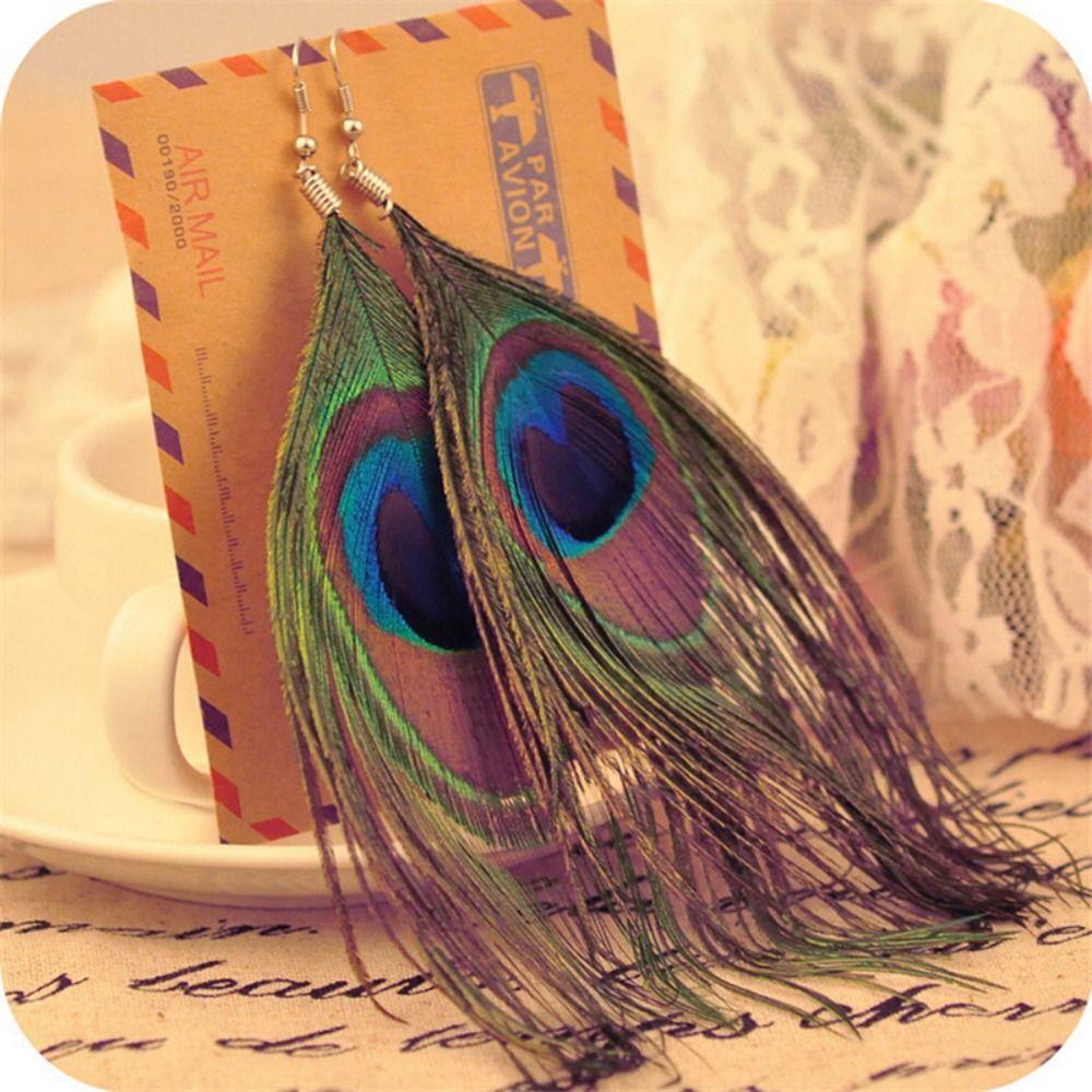 Retro National Style Bohemian Jewelry Bead Peacock Feather Earrings Women Dangle Earrings