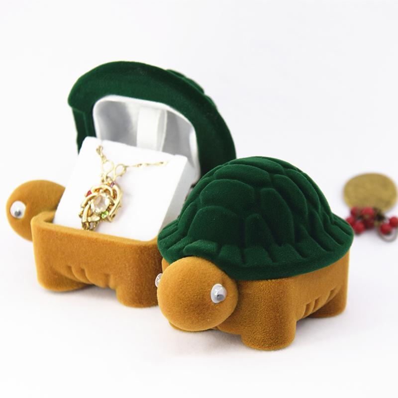 Кольцо-коробка в виде зеленой черепахи, милая форма животного, мини-флокированная шкатулка для украшений, забавная шуточная подарочная коробка для девушки