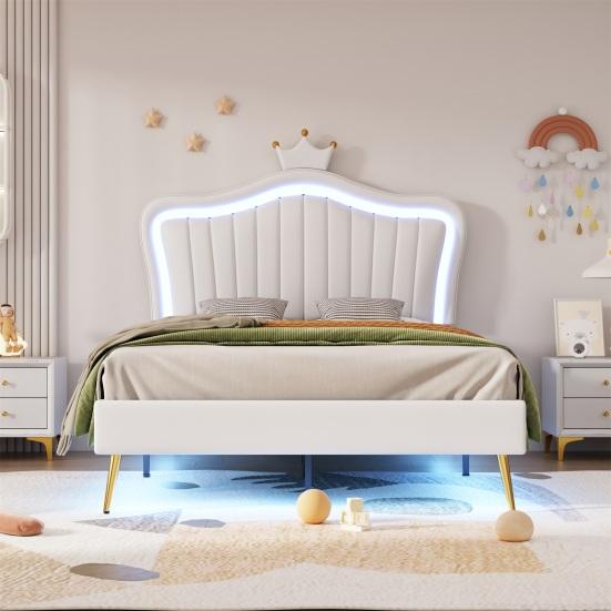 Family Bed Crown Shape Children with Headboard LED Light Heavy Single Duty Strong Carrying Capacity Girl Bedroom Furniture Indoor