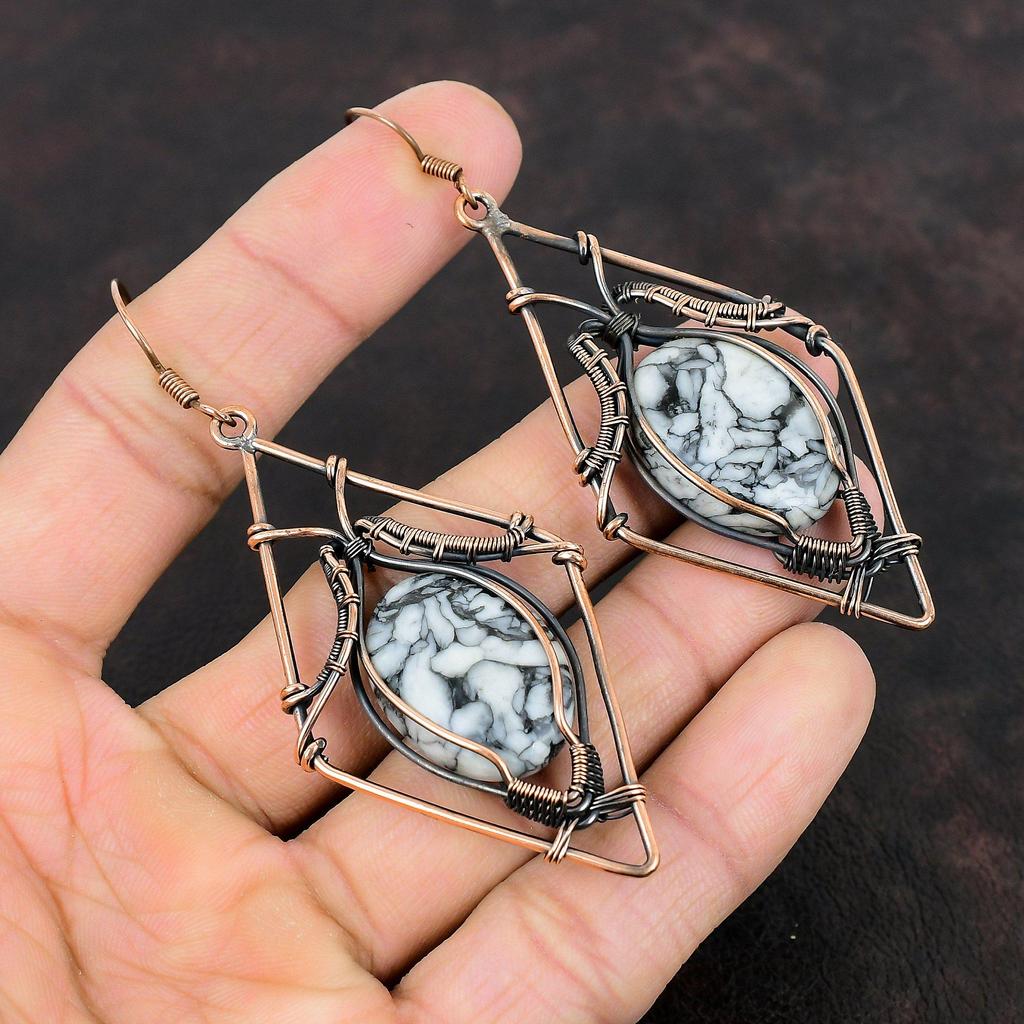 Серьги Pinolith Jasper Медная проволока Серьги в обертке Ювелирные изделия из драгоценных камней Дизайнерские серьги ручной работы Pinolith Jasper Медные украшения Подарки для мамы