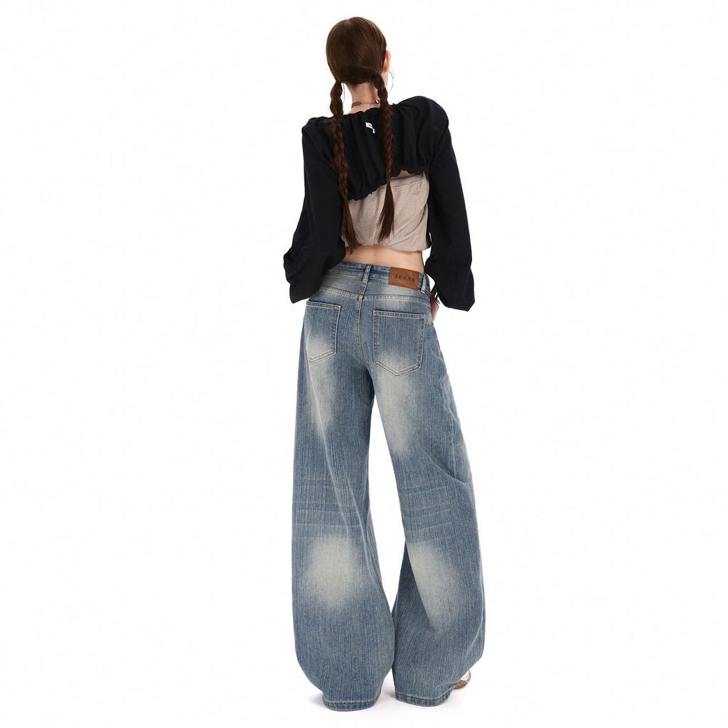 Autumn and winter new retro washed bamboo pattern wide leg straight jeans women