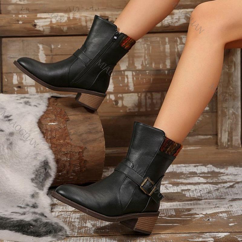 Модные замшевые ботинки до середины икры с ремешком с пряжкой для женщин Весна Осень Боковая молния Модная женская обувь Гладиатор Толстый средний каблук Ботильоны