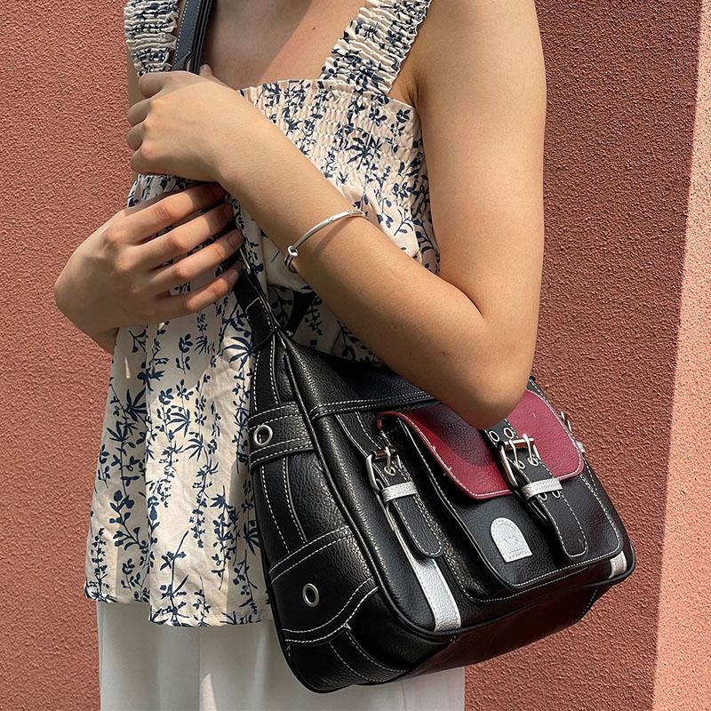 Yogodlns Retro Patchwork Shoulder Bag For Women Soft Leather Crossbody Bag Cool Girl Messenger Bag Shopping Purse Handbag