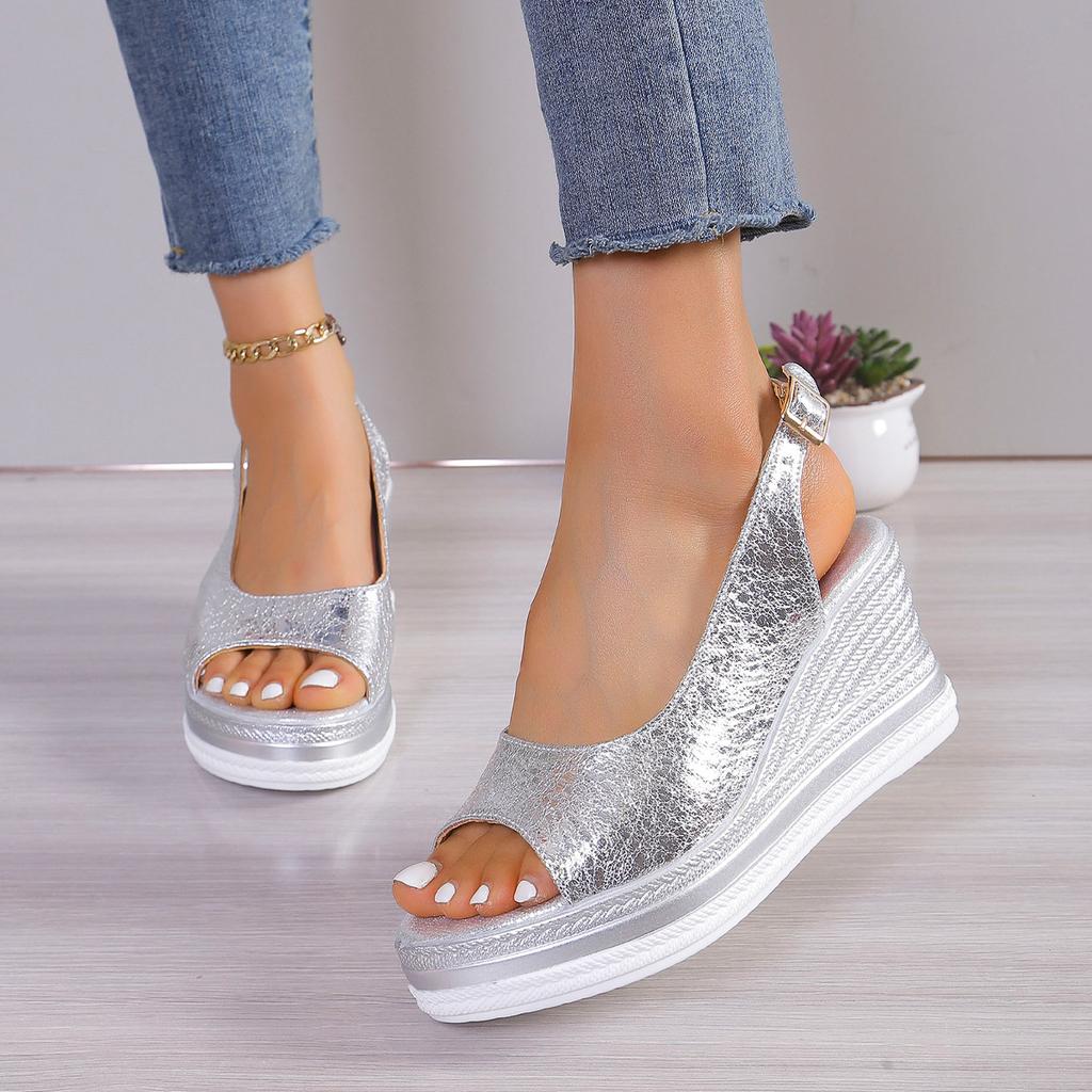 Босоножки на танкетке женские летние 2024 года, новая женская верхняя одежда, босоножки с застежкой-рыбьим ртом, односложные босоножки с пряжкой, женская обувь большого размера