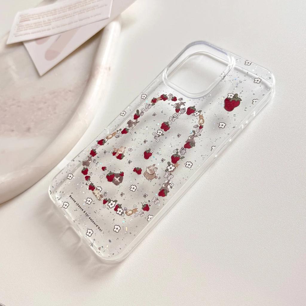 Broken flower strawberry rabbit for iPhone17/16pro mobile phone case Apple 15 glitter 14 soft case 12 fresh 13