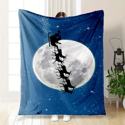 Christmas Moon Santa Claus Sleigh Reindeer Night Sky Poster PrintBlanket Flannel Throw Blanket for Sofa, Bed, Travel, Camping, Office, Couch