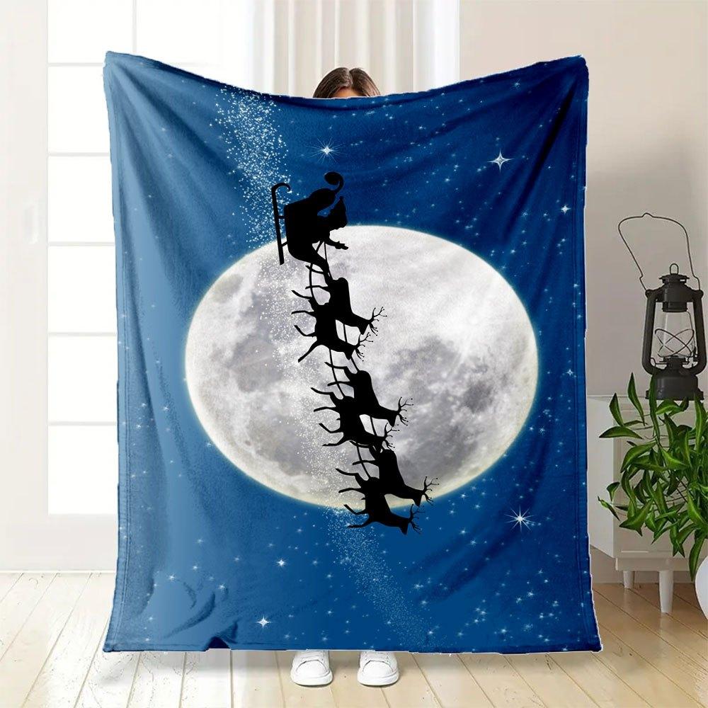 Christmas Moon Santa Claus Sleigh Reindeer Night Sky Poster PrintBlanket Flannel Throw Blanket for Sofa, Bed, Travel, Camping, Office, Couch