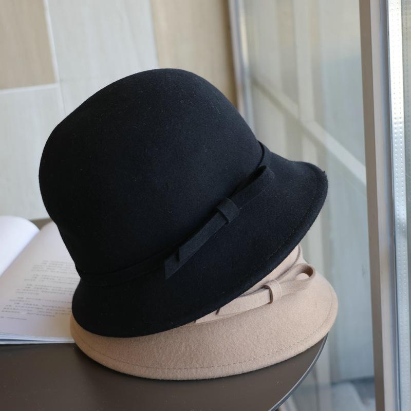 Mu Ling, the Republic of China daughter bow white woolen top hat Hepburn French elegant autumn and winter fisherman basin hat woman