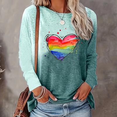Радужный принт, повседневная футболка с круглым вырезом с длинными рукавами на весну и лето, женская одежда