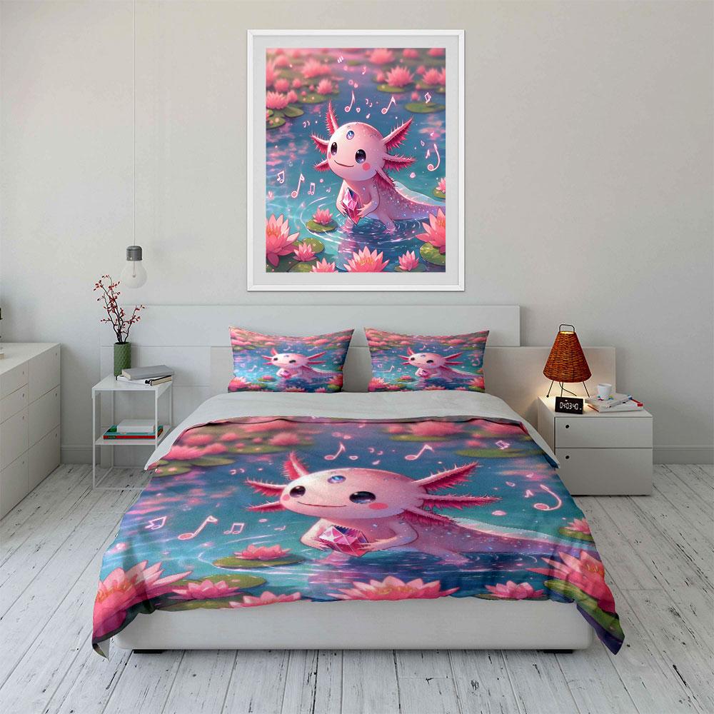 3Pcs Cute Axolotl Bedding Set, Pink Axolotl with Crystal and Water Lilies Print Duvet Cover + 2 Pillowcases,Room Kawaii Decor