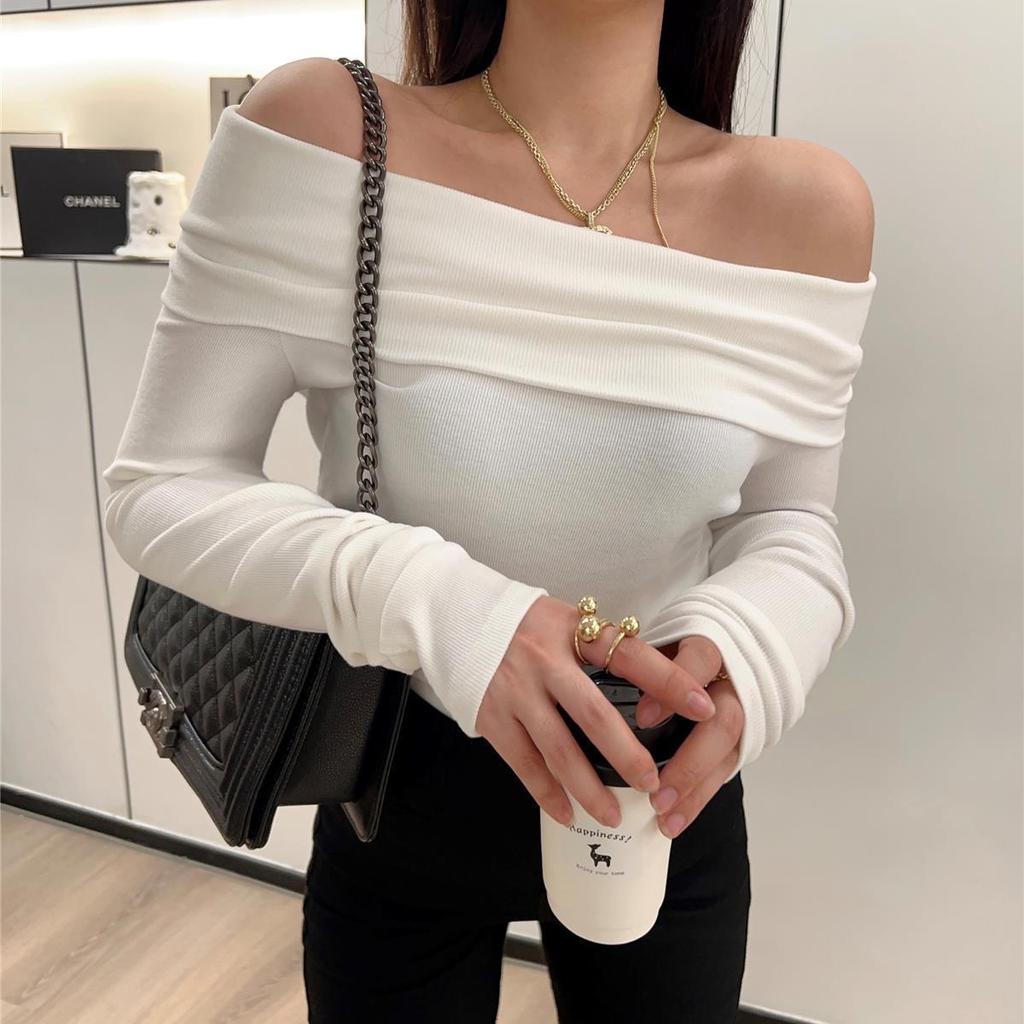 Весенне-осенняя женская футболка с длинными рукавами, сексуальная рубашка с вырезом «лодочка» и открытыми плечами, тонкая эластичная футболка