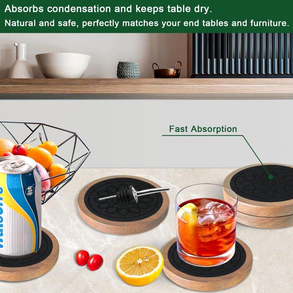 Vintage Wood Coasters Drink Absorbent Wooden Drink Placemats Round Felt Wooden Tea Mat Coffee Bar