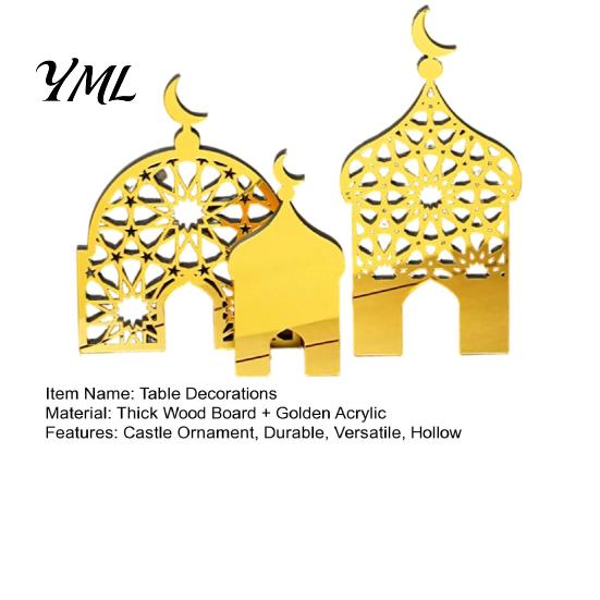 Golden Mosque Centerpieces 3PCS Ramadan Castle Ornament, Hollow Design, Thick Wood And Compact Party Decorations Acrylic Desktop Accents, Religious