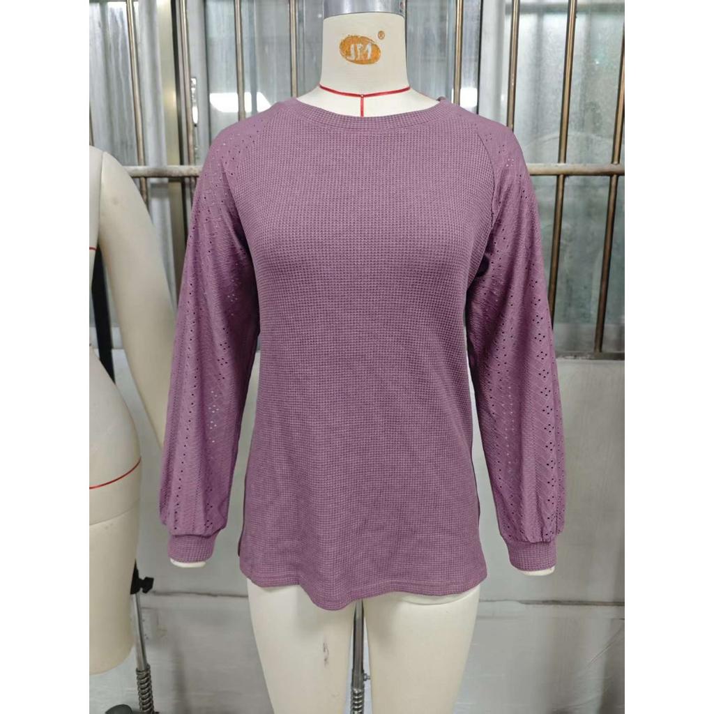 Women's Solid Color Crew Neck Loose Long Sleeve Patchwork T-shirt Top Fall Winter New For Cross-border Trade