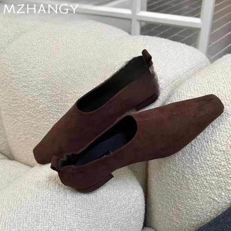 Модные замшевые женские туфли-лоферы с квадратным носком на плоской подошве, модная повседневная обувь для женщин 2025 года, удобные туфли для платья, новинка осени, Mujer Zapatillas