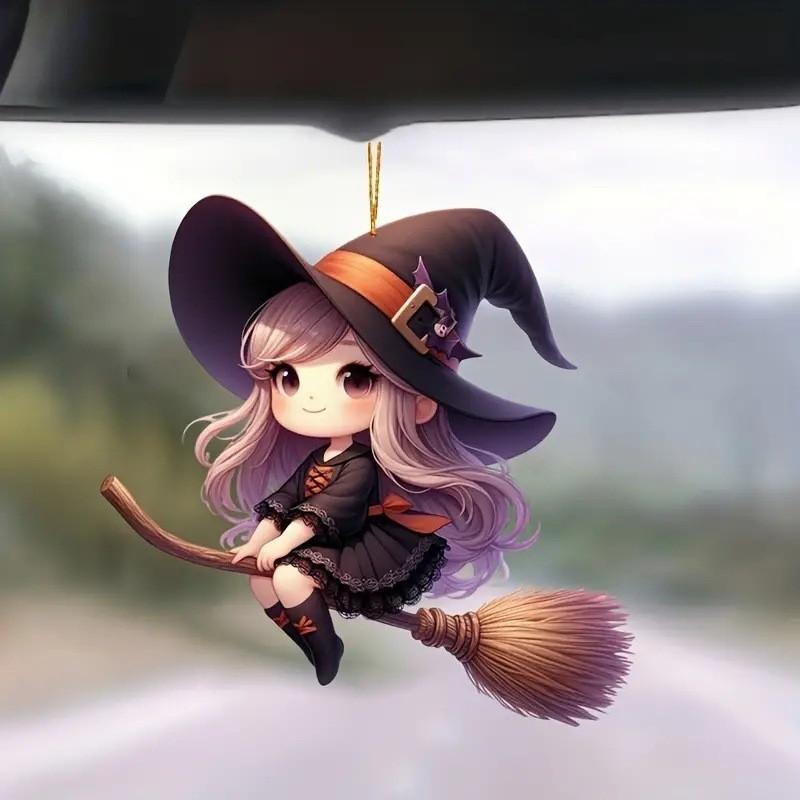 Halloween Acrylic Car Decoration Pendant Cartoon Witch Broom Supplies Interior