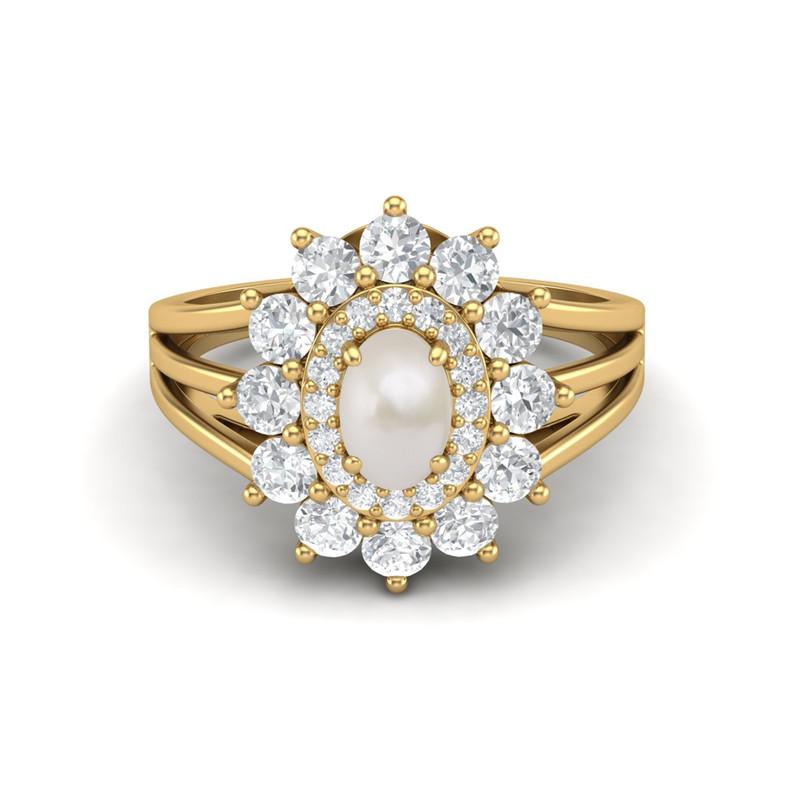 6X4MM Oval Pearl Gemstone 925 Sterling Silver Gold Plated Halo Split Shank Ring