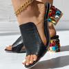 Женские сандалии с вышивкой и декором из стразов, шлепанцы без шнуровки на блочном каблуке с открытым носком, летняя удобная повседневная обувь