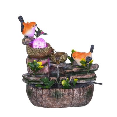 Полирезиновый Оранжевые Птицы Настольный 3-ступенчатый Комнатный Водопад для Домашнего Декора с Многоцветной Светодиодной Подсветкой, Насосом с Регулятором Скорости и Хрустальным Шаром