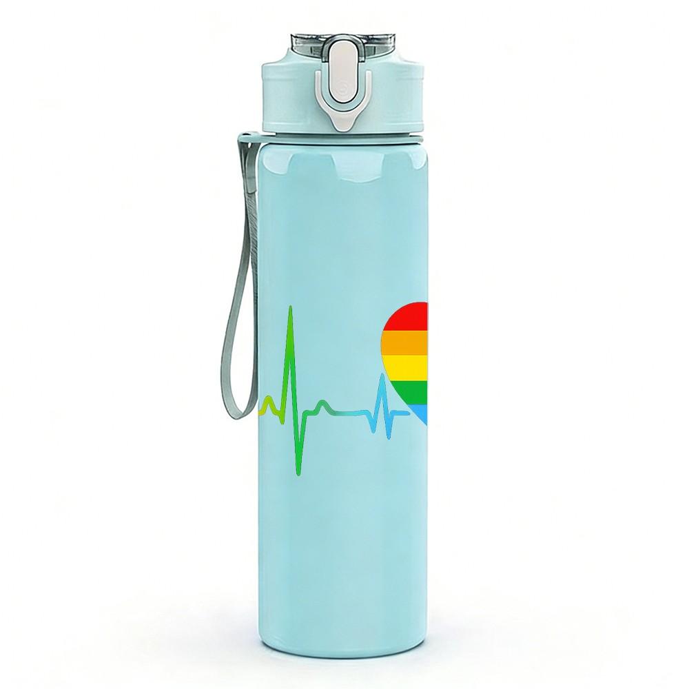 1PC Rainbow Heart Pulse Line 750ml Color Plastic Sports Water Bottle Leakproof Flip Straw Lid Suitable for Sports Office Home Use