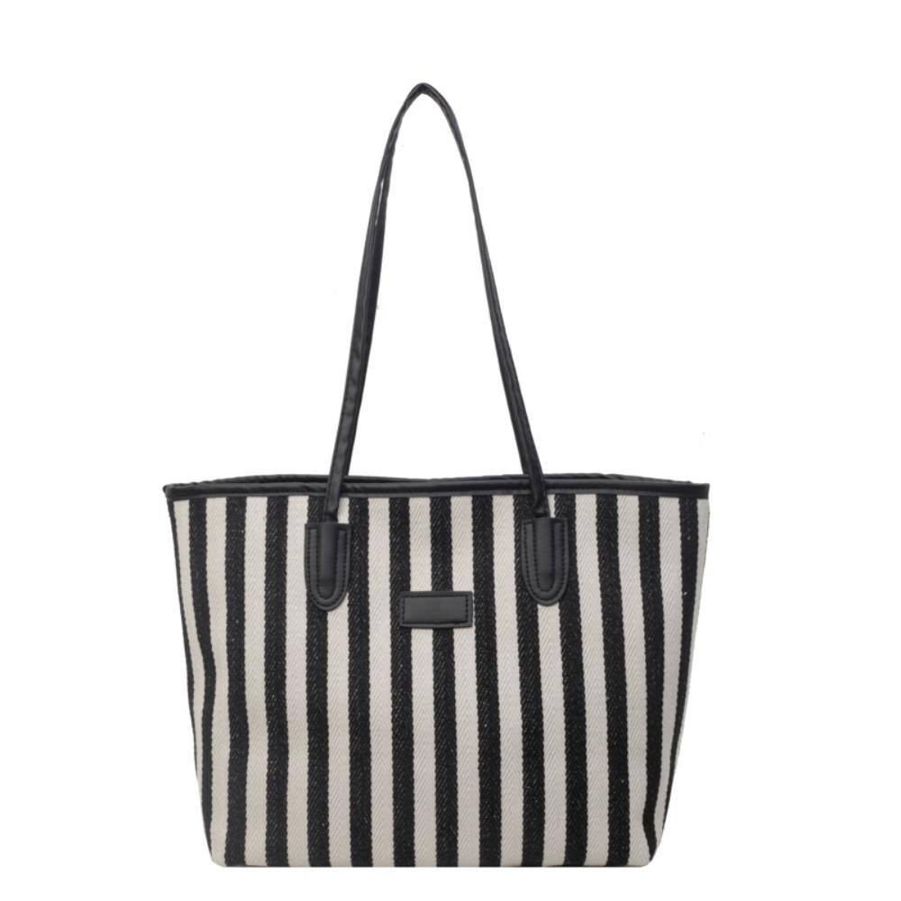 Zipper Shoulder Bag Korean Style Shopping Handbag Casual Stripe Canvas Tote Bag  Girls