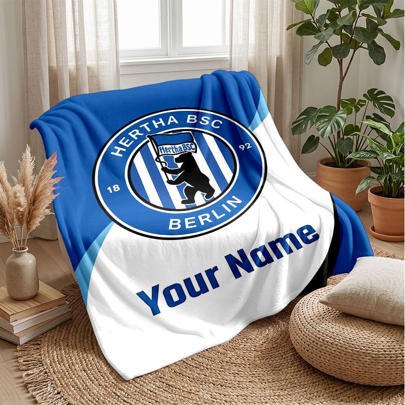 hertha bsc Custom Name Text Flannel Blanket Soccer Logo Personalized Fleece Throw Blanket Special Gift For Sofa Bedroom Home