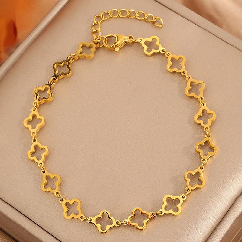 Роскошный браслет с четырехлистником: Позолоченная 18K, Невыцветающая Титановая Сталь с Алмазными Акцентами