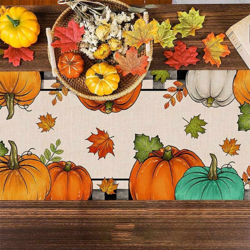 Festive Table Runner Fall Thanksgiving Pumpkin Leavest Table Runners Table Cloth for Holiday Decoration