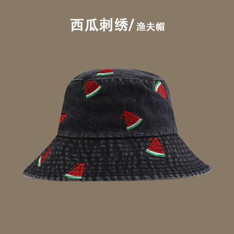 Шляпа женская новая джинсовая панама с вышивкой арбуза, с широкими полями, солнцезащитная, модная, универсальная, для маленького лица