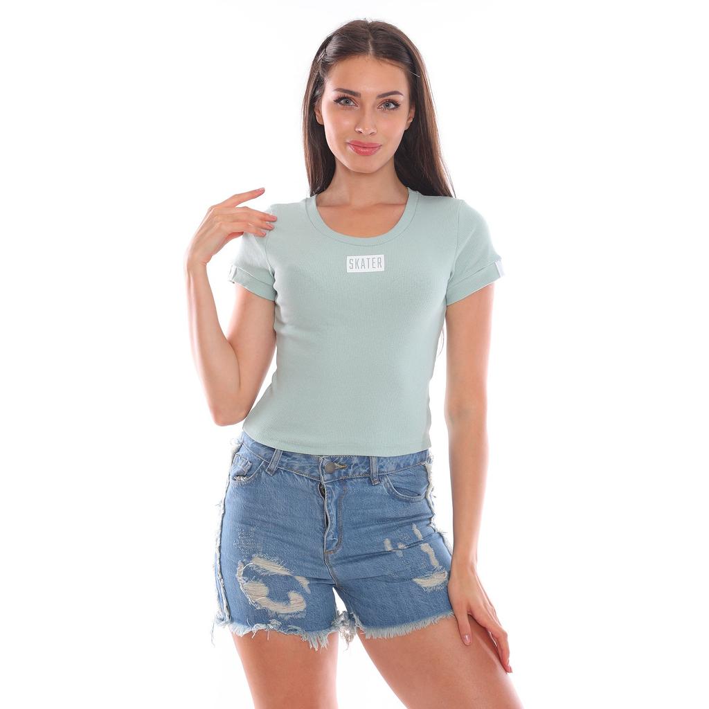 Блуза с вырезом живота из лайкры и принтом Skater