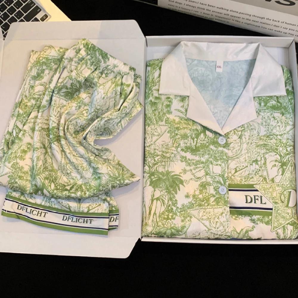 Жаккардовая женская пижама из шелка Ice Silk, комплект из двух предметов, брюки с длинным рукавом, классическая элегантная женская домашняя одежда