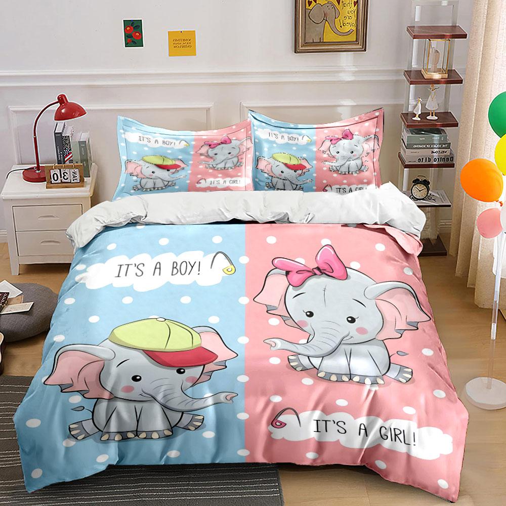 Cute baby elephants gender reveal illustration Print Bedding Set 1 Duvet Cover 2 Pillowcases for Adult and Children Luxury Gift