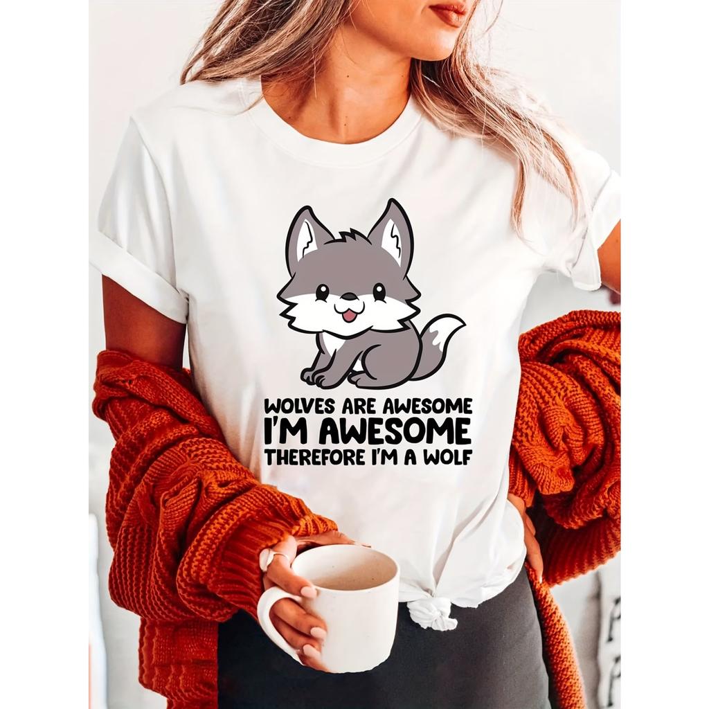 Cartoon Wolf I'M Awesome Fashion Letter Print T-Shirt, Short Sleeve Crew Neck Casual Top for Summer & Spring, Women'S Apparel