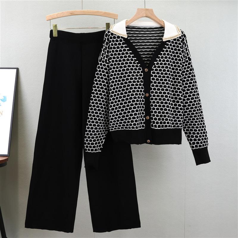 Spring Women Plaid V Neck Style Knit Cardigan Fashion Wide Leg Pants Two Piece Set