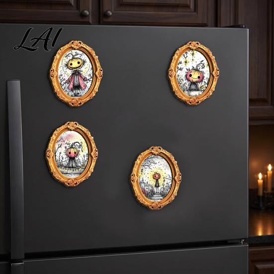Retro Frame Fridge Magnet Halloween Wooden Refrigerator Magnet Oval Holiday Pumpkin Ghost Magnetic Decoration for Kitchen Illustration