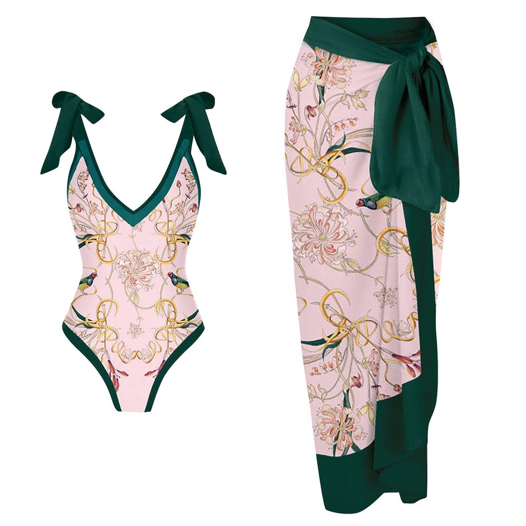 Женский сексуальный цельный купальник с длинной юбкой и купальником с принтом