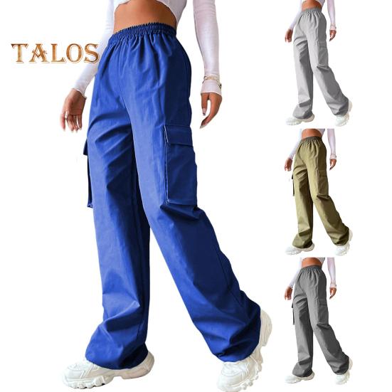 Женские брюки-карго с эластичной талией, широкие однотонные брюки, повседневные спортивные штаны с боковым карманом-клапаном