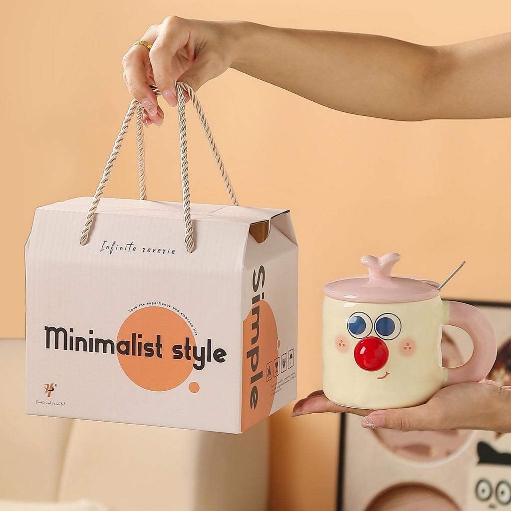 Cute Cartoon Ceramic Water Cups Couple Covered Mugs  Funny Expression Cups  Practical Gift Cups for Girls