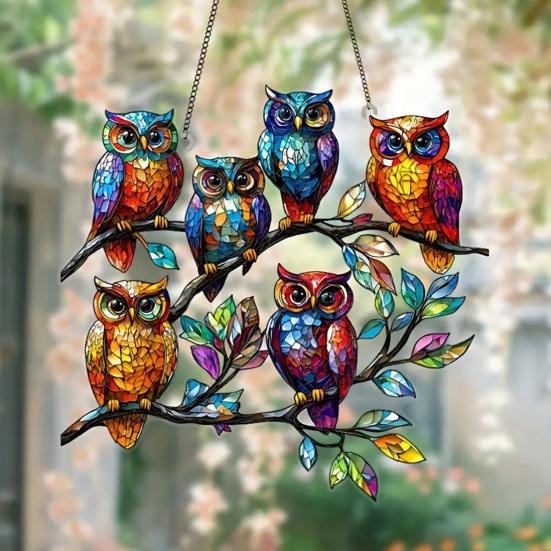 Owl Ornament Stained Glass Blue Green Sun Catcher Enchanting Birds