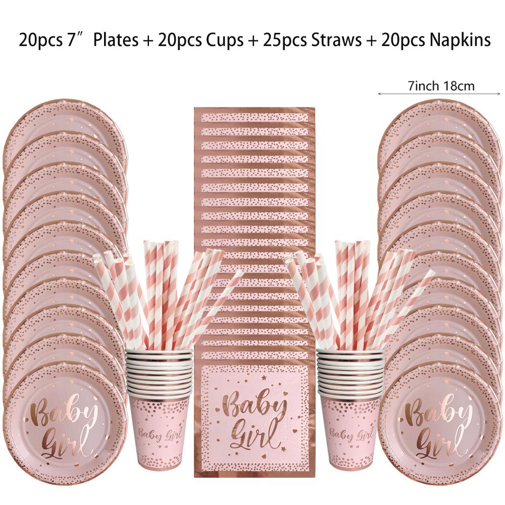 Baby Girl Disposable Tableware Pink Striped Rose Gold Paper Plates Cups Napkins for Baby Shower Birthday Party Decorations