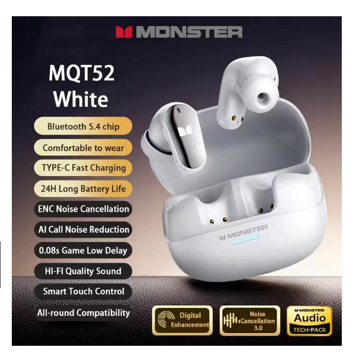 2025  New Monster MQT52 TWS Wireless Bluetooth 5.4 Headset HIFI Stereo Music Gaming Earphones Talking Noise Canceling Earbuds