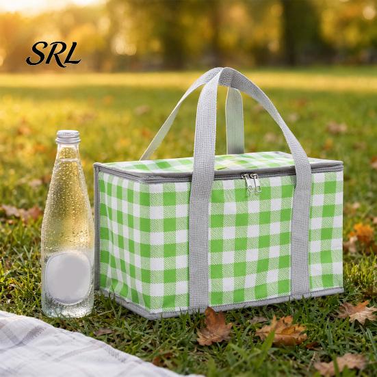 Portable Picnic Basket Insulated Bag, Foldable Thermal Lunch for Outdoor, Heavy Wear-resistant Duty Aluminum Foil Cooler Food, Camping Accessory Plaid